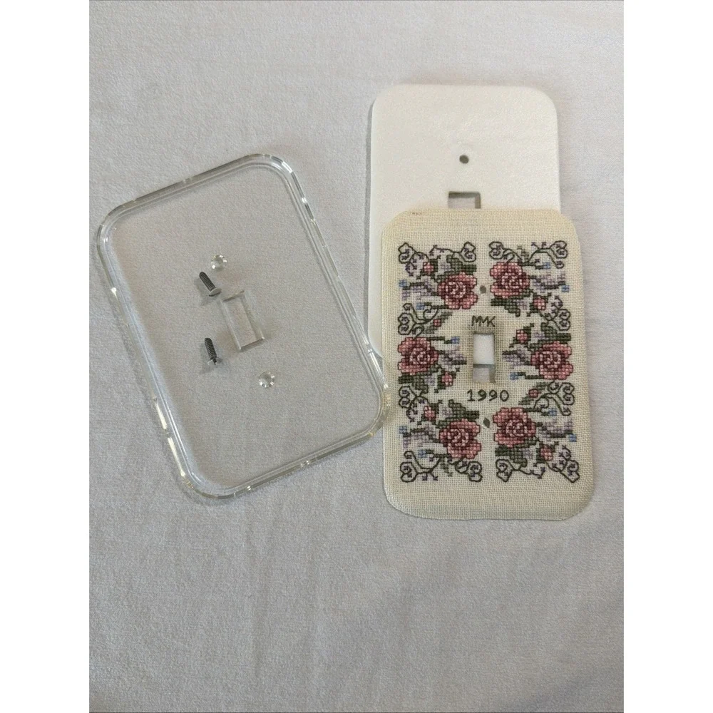 Vtg Finished Cross Stitch Single Toggle Light Switch Cover Floral Completed 1990